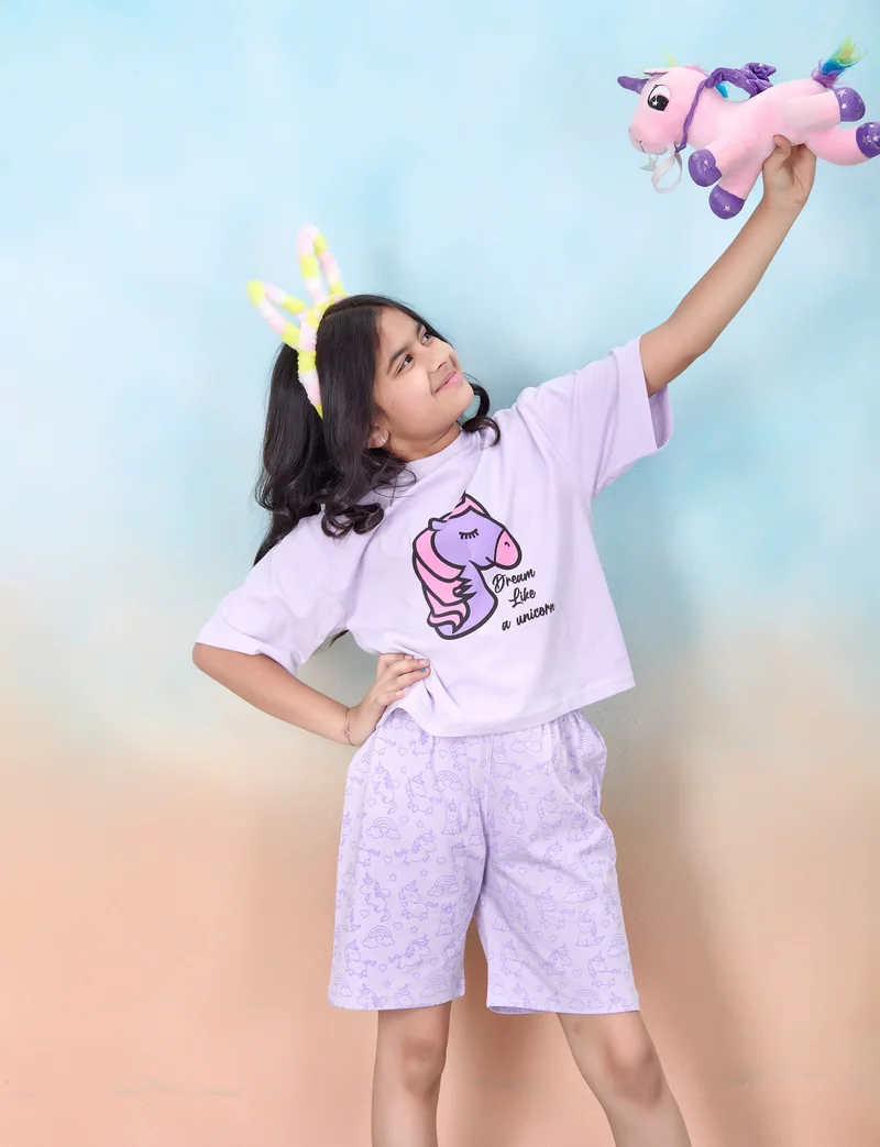 Artemea  Dream Like a Unicorn print Girls Premium Short  set (2pc set -Top & Bottom) for Women | Best Price UAE